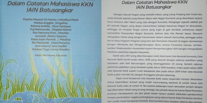 Mahasiswa KKN IAIN  Batusangkar Terbitkan Buku ” Goresan Batik Kumanis”